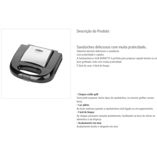Sanduicheira E Grill Agratto 750W 220V Inox Sanduicheira E Grill Agratto 750W 220V Inox