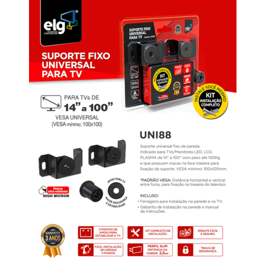 Suporte Fixo De Parede Elg 14 A 100 Polegadas Preto